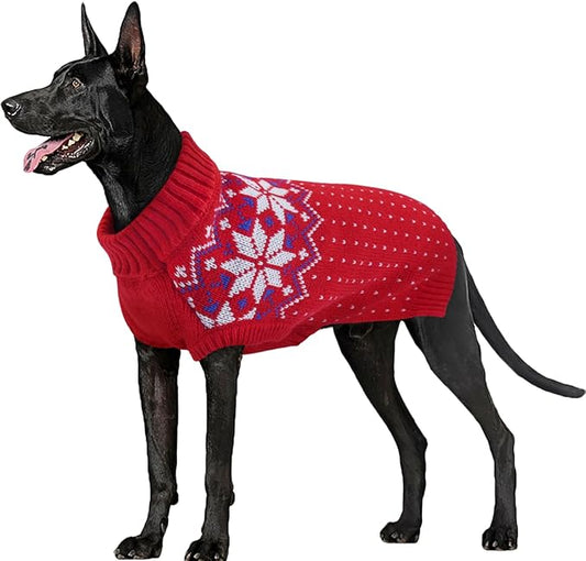 FUAMEY Dog Christamas Sweater, Warm Dog Sweater Classic Snowflake New Year Turtleneck Sweaters Knitwear Cold Weather Dogs Pullover for Small Medium Dogs Puppies & Cats Bulldogs Corgi with Leash Hole