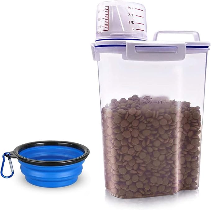 Dog Food Storage Container Small, Cat Food Storage Container Airtight Plastic Dispenser with Graduated Measuring Cup, Pourable Spout and Portable Collapsible Dog Bowl for Pet Food, Birds Seed