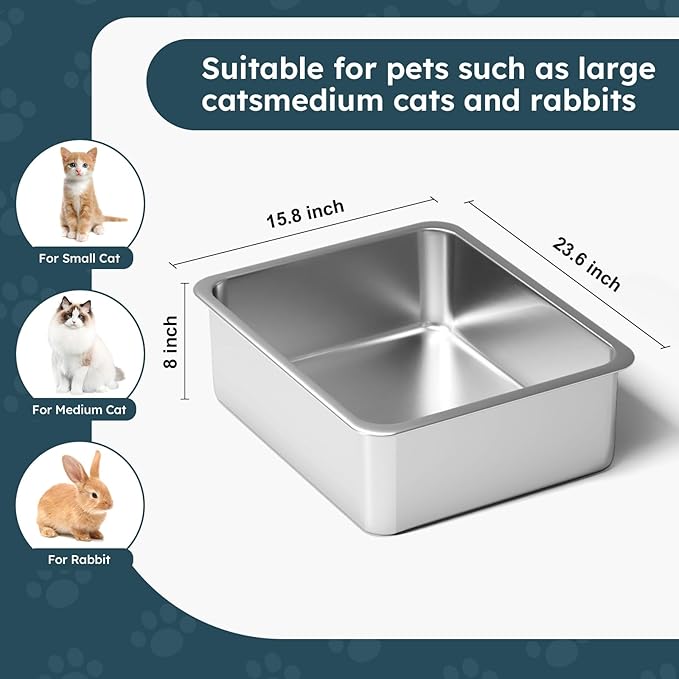Stainless Steel Cat Litter Box - Large Metal High-Sided Litter Pan for Cats, Rabbits, and Pets, Non-Stick, Odor-Free, Easy to Clean, Splash-Proof, Sturdy and Durable Indoor Cat Toilet Supplies