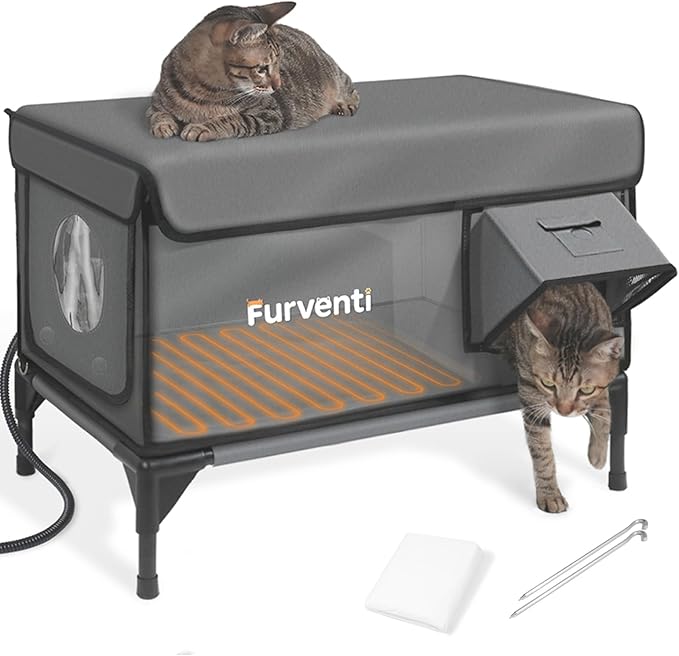 Heated Cat House for Outside,Dual Camera Mounts,100% Weatherproof & Extremely Insulated,Elevated Feral Cat Shelter with Escape Door,Waterproof Eaves for Outdoor Stray Barn Cat(Grey,L)