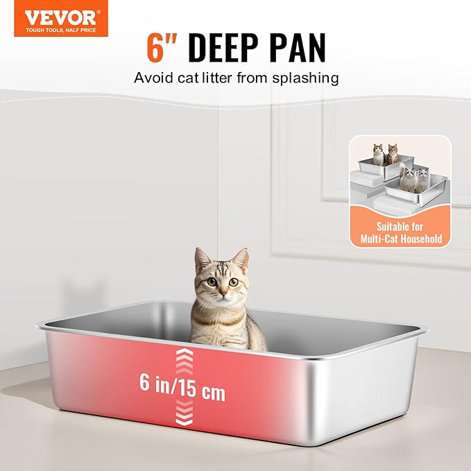 VEVOR 6'' Deep Stainless Steel Cat Litter Box,2 Pack XL Extra Large Metal Cat Litter Box for Big Cats,Non Sticky,Odor-Free &Easy-to-Clean,Include Filtering Foot Board & Scoop