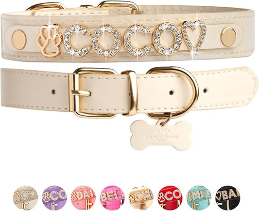 Paws Paws Miami Custom Dog Collar for Medium Dogs, Personalized with Name in Gold-Plated Cubic Zirconia Initials and Charm Jewels Leather Collars, Sand