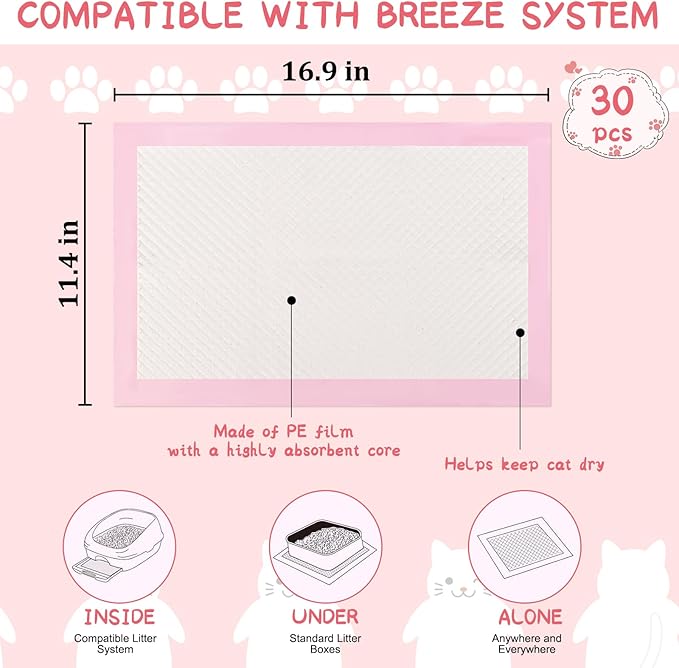 100 Count Cat Litter Pads for Tidy Cats Breeze Litter System 16.9 x 11.4 Inch Lavender Scented Cat Pad Refills Super Absorbent Quick-Dry Pee Pads for Cats (Pink)