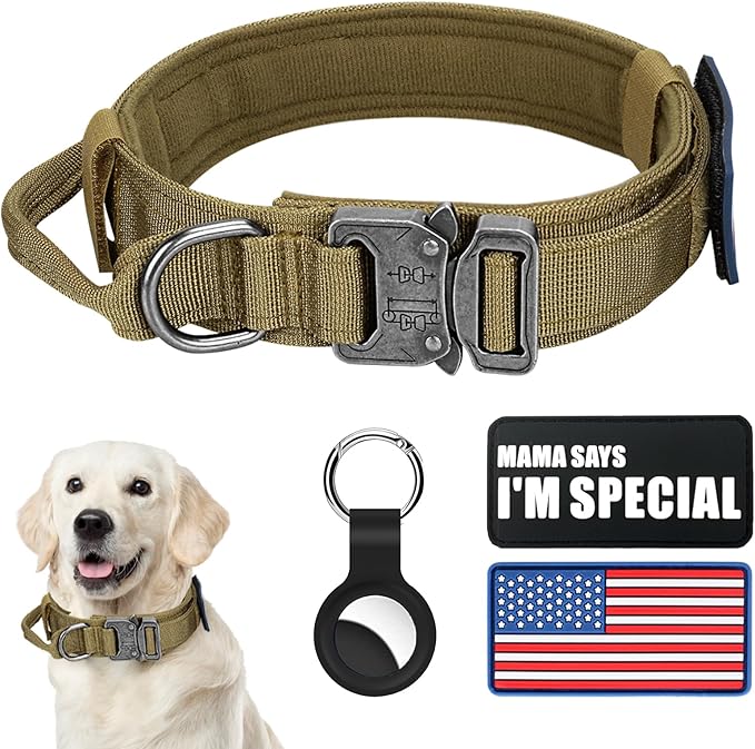 Tactical Dog Collar & Leash Set, Military Dog Collar, Adjustable Nylon, Heavy Duty Metal Buckle, with Handle for Dog Training, Airtags Case, Patches (Brown, M)