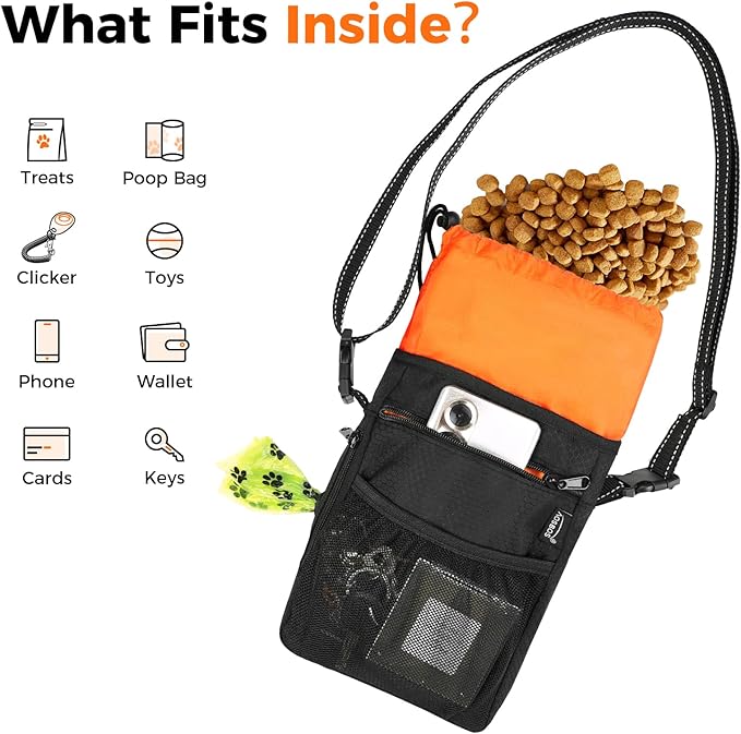 Aosbos Dog Treat Pouch with Built-in Poop Bag Dispenser & Easy-Clean Liner - Dog Training Treat Bag with Reflective Strap & Belt Clip, Black Orange