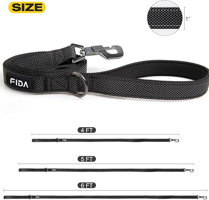 Fida 6 FT Heavy Duty Dog Leash with 2 Comfortable Padded Handles, Traffic Handle & Advanced Easy Snap Hook, Reflective Walking Lead for Large, Medium & Small Breed Dogs, Black
