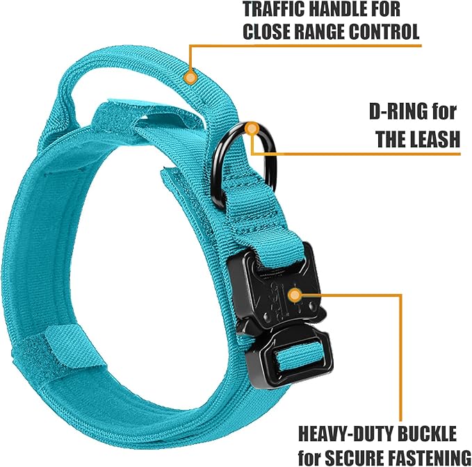 Tactical Dog Collar Military Dog Collar Adjustable Nylon Dog Collar Heavy Duty Metal Buckle with Handle for Dog Training,with Patches(Light Blue 1, M), Medium