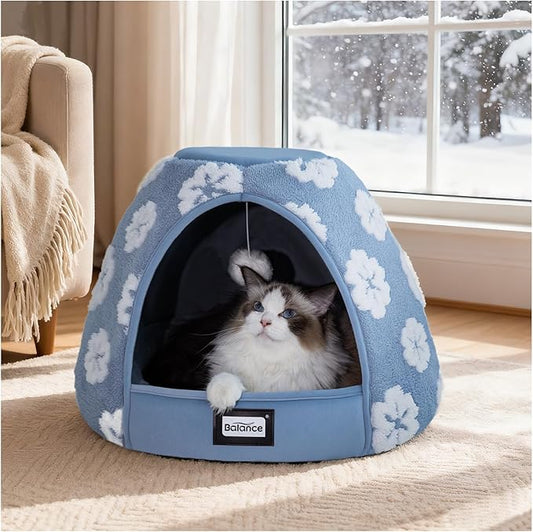 BALANCE Cat Beds for Indoor Cats, 2-in-1 Cat Bed Cave with Anti-Slip Bottom and Ultra-Soft Plush, Cozy Cats House Tent for Kittens and Small Dogs, 19 Inches, Blue