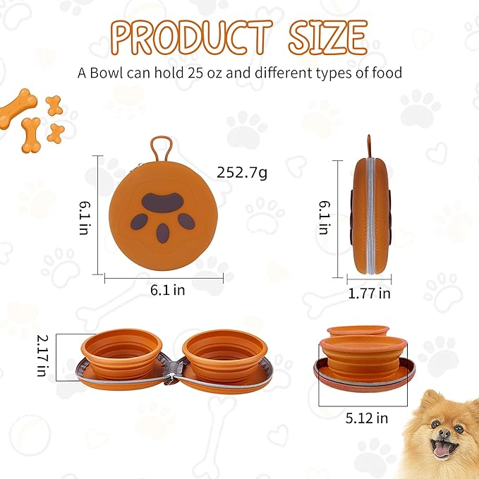 Collapsible Dog Bowls, 2-in-1 Pet Portable Travel Double Bowl Water Food Feeder Traveling Camping & Walking 25oz Brown