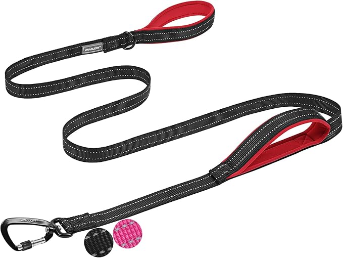 VIVAGLORY Dog Leash Lighthook Double Handle Dog Leash with Traffic Handle & Locking Carabiner for Walking & Training, Traffic Control Lightweight Carabiner for Puppy Pet, 5ft x 1in, Black