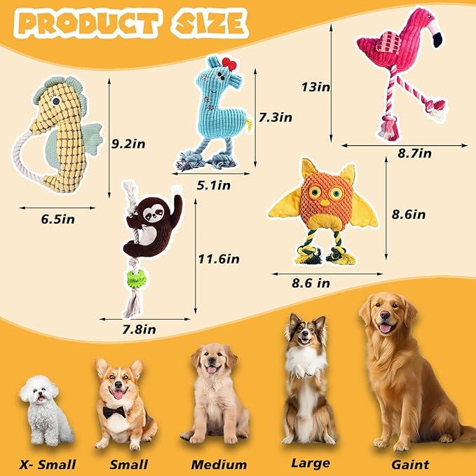 5 Pack Plush Dog Toys with Rope, Squeaky Dog Toys, Tug of War Dog Interactive Toy, Durable Dog Chew Toys for Large Dogs & Puppies