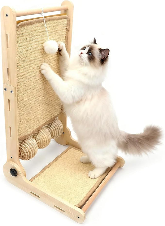 L Shaped Cat Scratching Post, 23.2" Tall Sisal & Wooden Base Cat Scratcher Board for Indoor Cats, Sturdy Vertical Cats Scratching Pad Protects Furniture