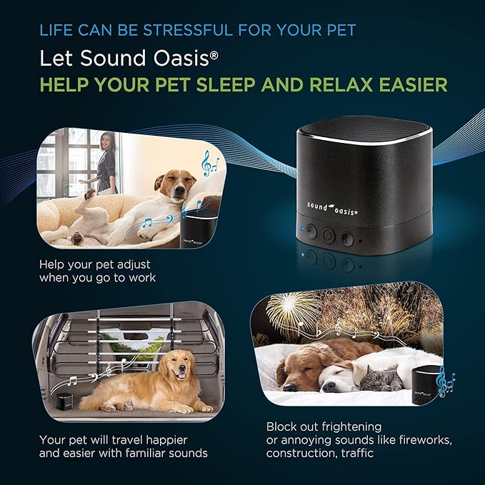 Sound Oasis Pet Bluetooth Sound Machine, 20 Dr Developed Calming Sounds to Soothe, Relax, Separation, Anxiety, Stress Relief, Sleep for Canine, Puppy, Dog, Cat for Storms, Fireworks, Barking, Travel