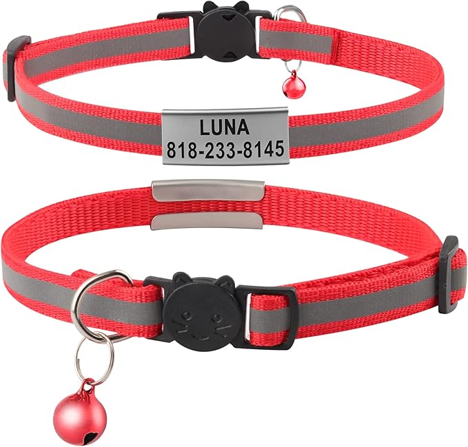 Cat Collar Personalized - Breakaway Reflective Cat Collar with Bell-Custom Cat Collars Engraved with Name and Phone, Adjustable for Cats and Kitten