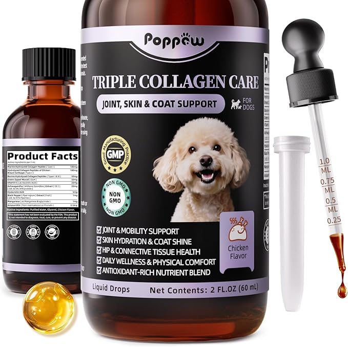 POPPAW Collagen for Dogs - Liquid Collagen for Hip & Joint Support, Skin & Coat with Types I, II & III Drops, Hyaluronic Acid and Vitamin C - Chicken Flavor, 2 FL Oz