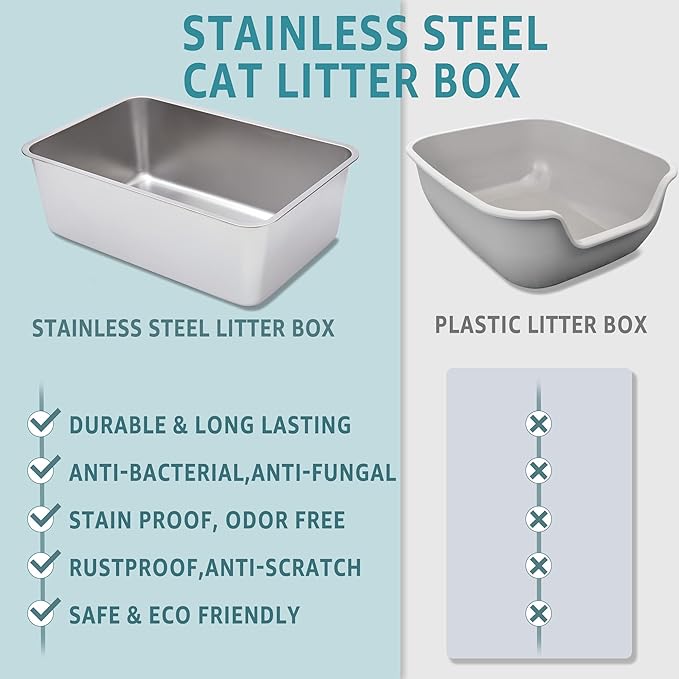 Stainless Steel Litter Box,Metal Litter Box for Big Cats 8IN Deep, Cat Litterbox 2 Pack Easy to Clean-High Sided,Stainless Steel CatLitters Box for Adult Cats,Non Stick, No Smell