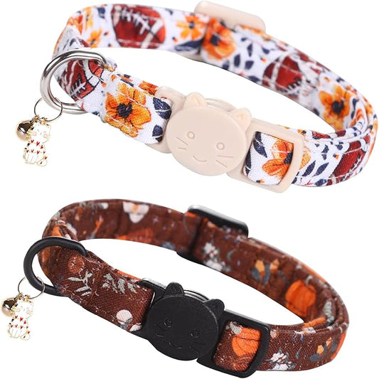 Elegant little tail Fall Cat Collar-2 Pack Pumpkin with Rugby Print Cotton Breakaway Cat Collars with Bell Pendant Kitten Boy Girl Safety Adjustable Collar for Small Cats Puppy