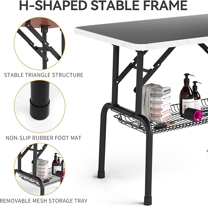 DWVO 36'' Dog Grooming Table, Foldable Pet Grooming Table with Adjustable Arm, Loop, and Mesh Tray, Non-Slip Portable Dog Bathing Station, Black