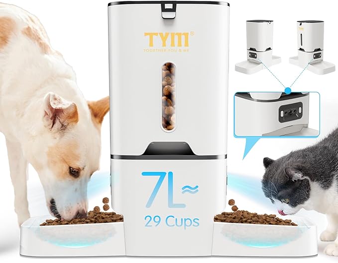 TYM Automatic Cat Feeder with 2 Camera for 2 Cats,7L Dog Automatic Feeder with Night Vision 2K 4MP 5G WiFi Dual Cat Feeder with Smart App Two-Way Audio Privacy Masking-Stainless Steel