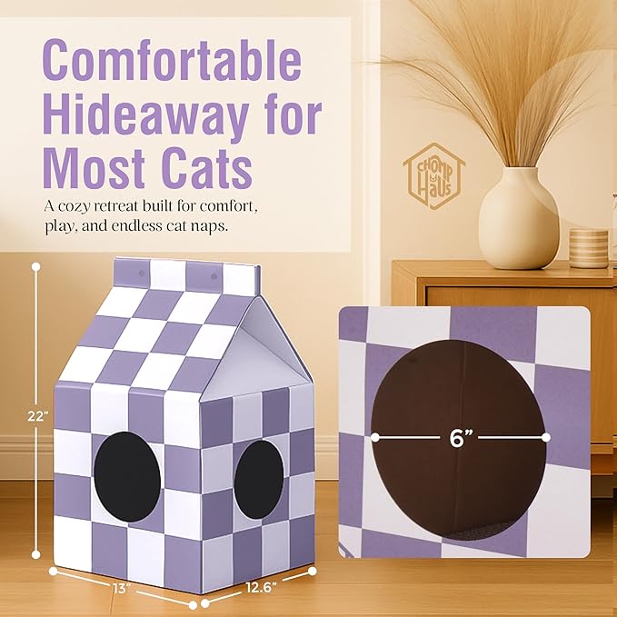 Cardboard Cat House with Scratch Pad – Durable Eco-Friendly Hideaway, Easy Assembly, Stylish Plum Checkered Design, Indoor Cat Furniture