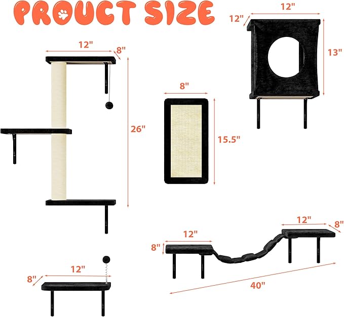 10-in-1 Cat Wall Shelves, Wall Mounted Cat Climber Set with Kitten House, Bridge, Steps, Scratcher, DIY Playground for Indoor Kitten Furniture Set, Black