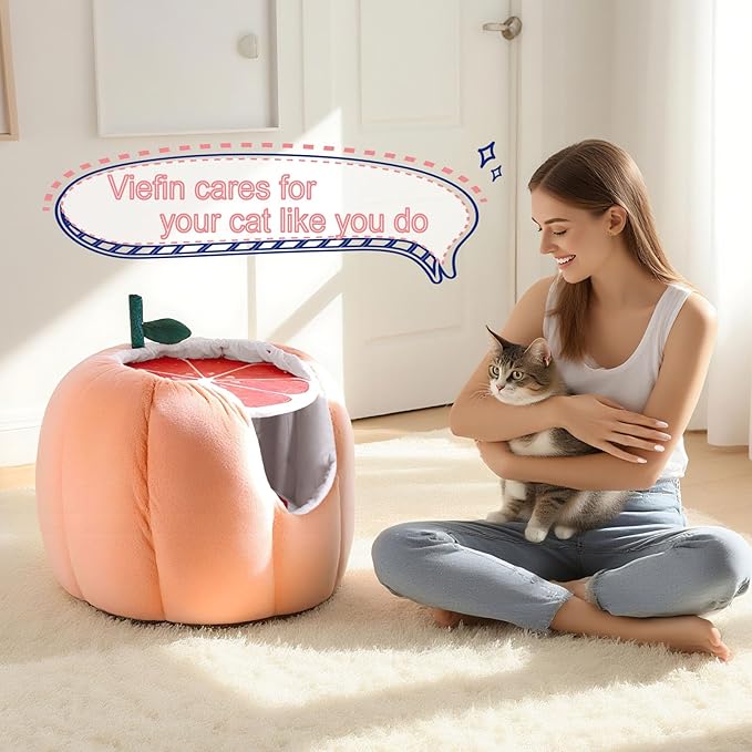 Cat Houses for Indoor Cats, Small Cat Tree with Sisal Ropes and Plush Perch, Cute Cat Bed Cave with Soft Pillow, Grapefruit Design