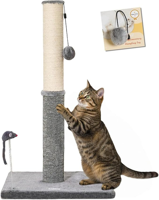Happi N Pets 29.5" Tall Cat Scratching Post, Cat Scratchers for Indoor Cats, Sisal Scratch Post & Carpet Post in One, Stable Cat Scratch Post with Two Toys, Extra Free Toy, Light Gray