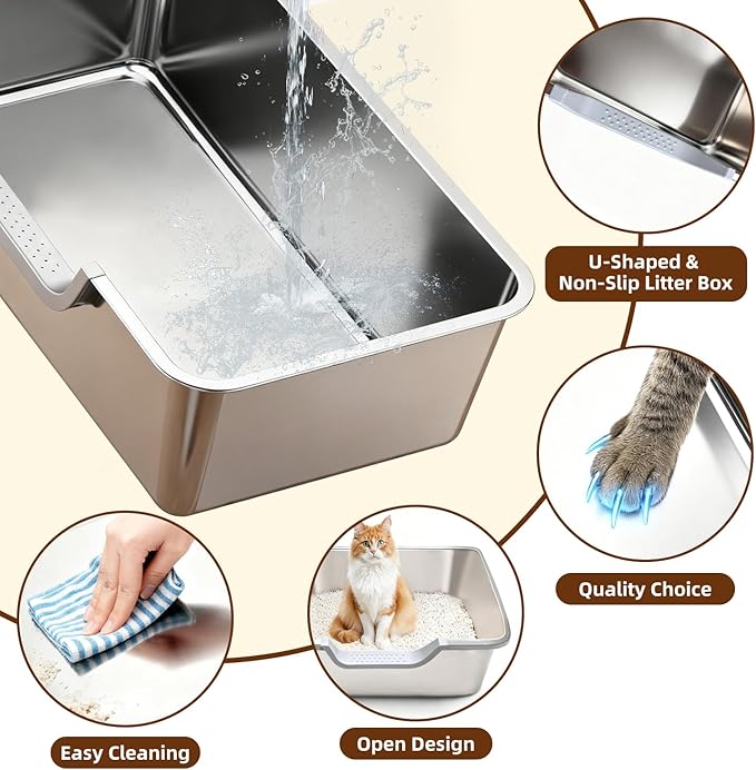 XL Stainless Steel Cat Litter Box, Leak Proof 7.9 Inch High Sides Metal Litter Pan Tray, No Stick No Slip Easy Clean Low Entry Litter Boxes for Older Senior Big Cats, Kittens, 23.6"×15.7", Silver