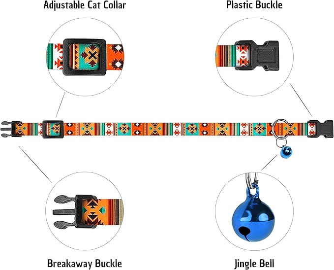 Cat Collars 2 Pack - Soft Cute Breakaway Collar with Bell, Adjustable Safety Kitten Collars for Girl & Boy Cats – Comfortable Stylish Patterned Print Lightweight (Tribal + Southwest)