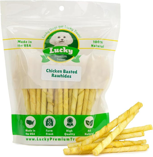 Chicken Basted Rawhide Twist Sticks Dog Treats – 60ct. Premium Rawhide Chew Sticks – Long Lasting Chicken Flavored Chews for Small Dogs Made in USA with Natural Beef Hide