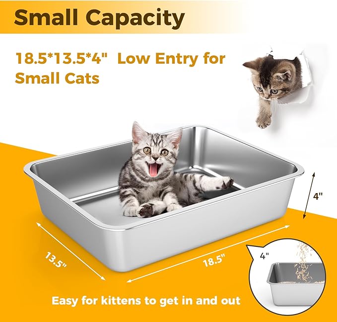 LIHONG Stainless Steel Cat Litter Box,Small Metal Litter Box for Small Cats Hamster Rabbits,No Smell,Non Stick,Easy to Clean(18" Lx14 Wx4 H,M)