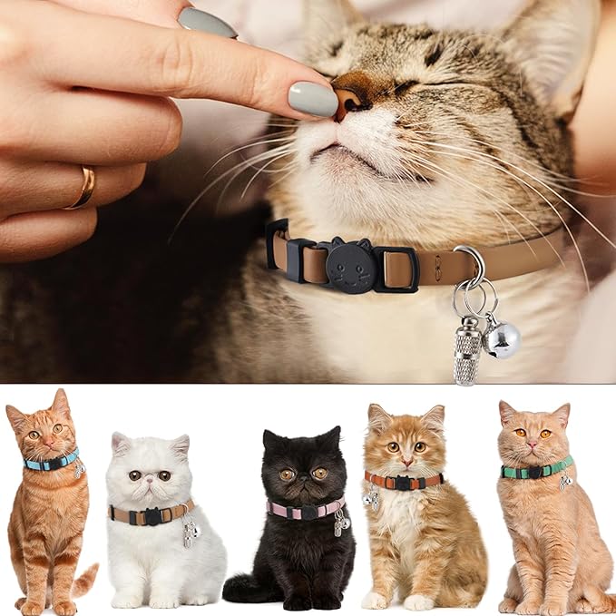 Upgrade Breakaway Cat Collar with Bells, Soft Leather Kitten Collars with Name Tag,Safety Adjustable Buckle,Lightweight,Ideal for Girl Boy Cats, Black+Brown