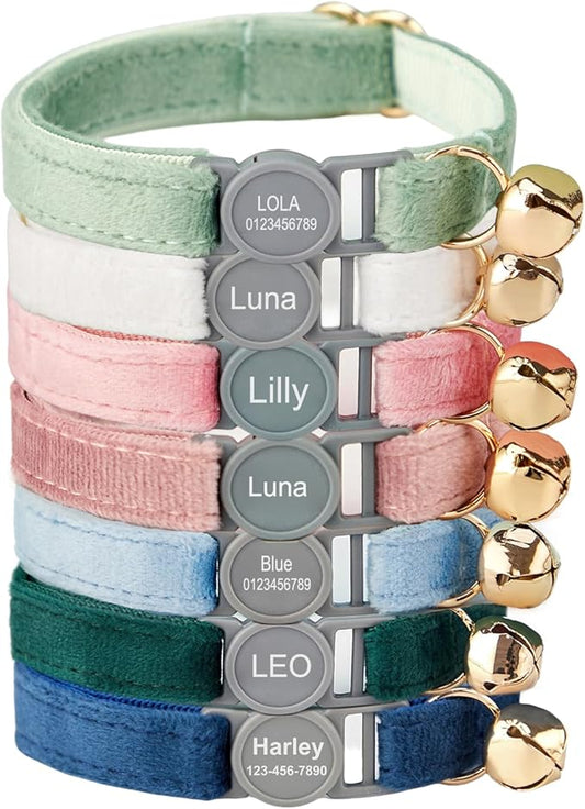 Personalized Breakaway Cat Collar - Velvet, Safety Buckle, Custom Name and Phone Number, Soft, Adjustable
