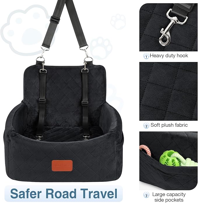 Dog Car Seat for Small Dogs Under 30lbs, Washable Pet Travel Car Bed with Memory Foam,Fully Detachable Cover,2 Storage Pockets & Safety Leash,Non-Slip Bottom(Black)