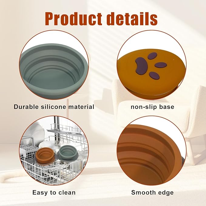 Collapsible Dog Bowls, 2-in-1 Silicone Pet Food and Water Bowl with Carabiner, Portable Double Compartment Dish for Travel, Camping, Hiking Puppy Essentials (Green browen)