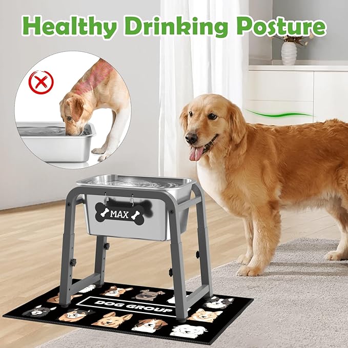 1.85 Gallon Elevated Dog Water Bowl, Height Adjustable (11–17'') Raised Stainless Steel Bowl with Spill-Proof Mat & Sturdy Metal Stand, Tip-Proof, Easy to Clean, Indoor & Outdoor Use