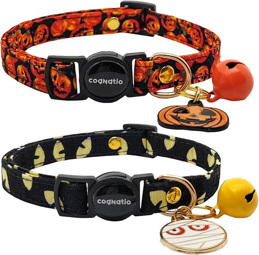 2 Pack Cotton Breakaway cat Collars with Bell,Safety Quick Release Pendant Cute Kitten Collar,Adjustable 20-30cm (Halloween3, 20-30cm)