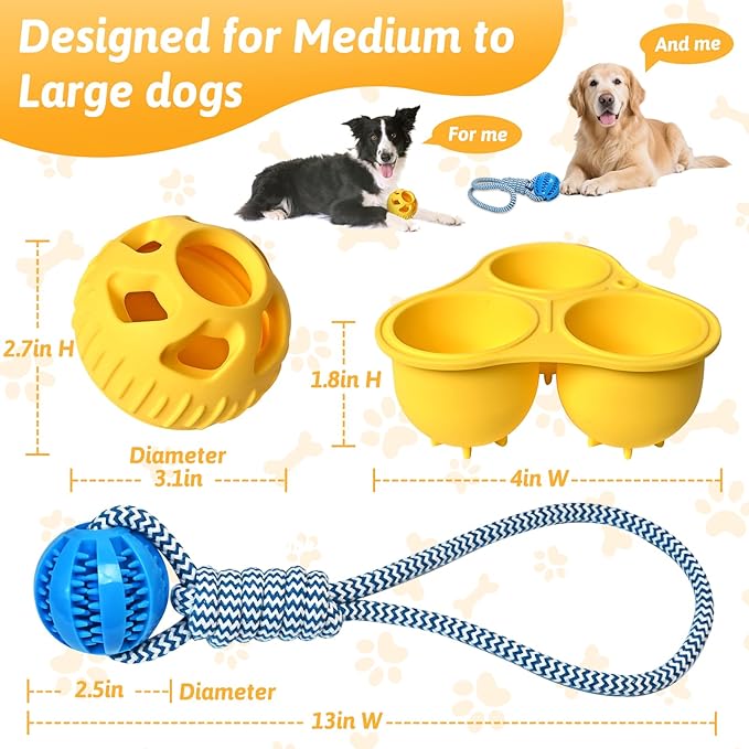 Treat Dispensing Dog Toys & Dog Puzzle Toy to Keep Them Busy, Bite and Brush Dental Toy for Medium Large Dogs Bathing Grooming, Enrichment Toys Freeze Ball for Dogs (Blue Yellow)