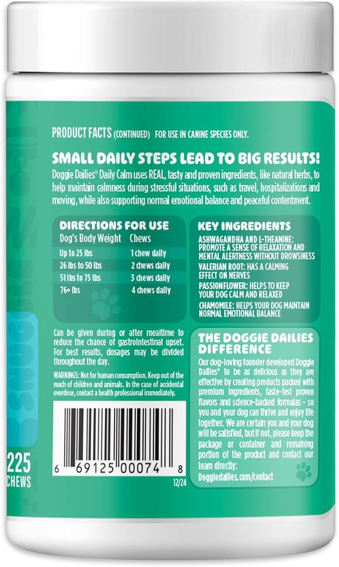 Doggie Dailies Calming Chews, Melatonin & Chamomile for Stress Relief, Relaxation & Anxiety (Peanut Butter, 225 Soft Chews)