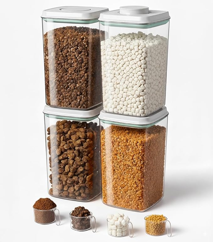 Dog Food Storage Container with 130ml Scoop – 4L/4.2qt Airtight Dog Food Container for Kibble & Treats, BPA-Free Cat Food Storage Container, Stackable Pop Lid Plastic Container with Lid (4.2Qt*4)