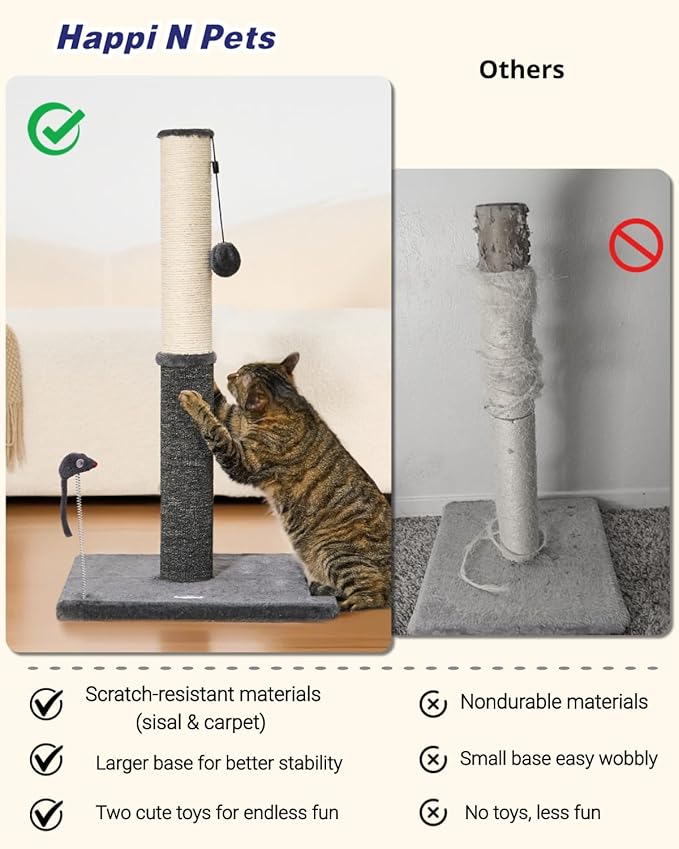 Happi N Pets 29.5" Tall Cat Scratching Post, Cat Scratcher for Indoor Cats, Sisal Scratch Post & Carpet Post in One, Stable Cat Scratch Post with Two Toys, Extra Free Toy, Smokey Gray