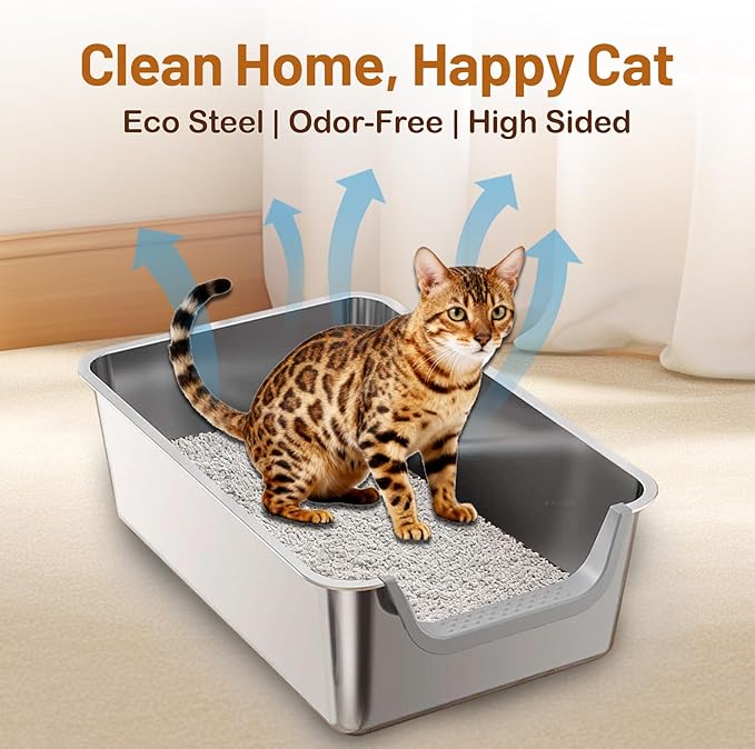 XL Stainless Steel Cat Litter Box, Leak Proof 7.9 Inch High Sides Metal Litter Pan Tray, No Stick No Slip Easy Clean Low Entry Litter Boxes for Older Senior Big Cats, Kittens, 23.6"×15.7", Silver