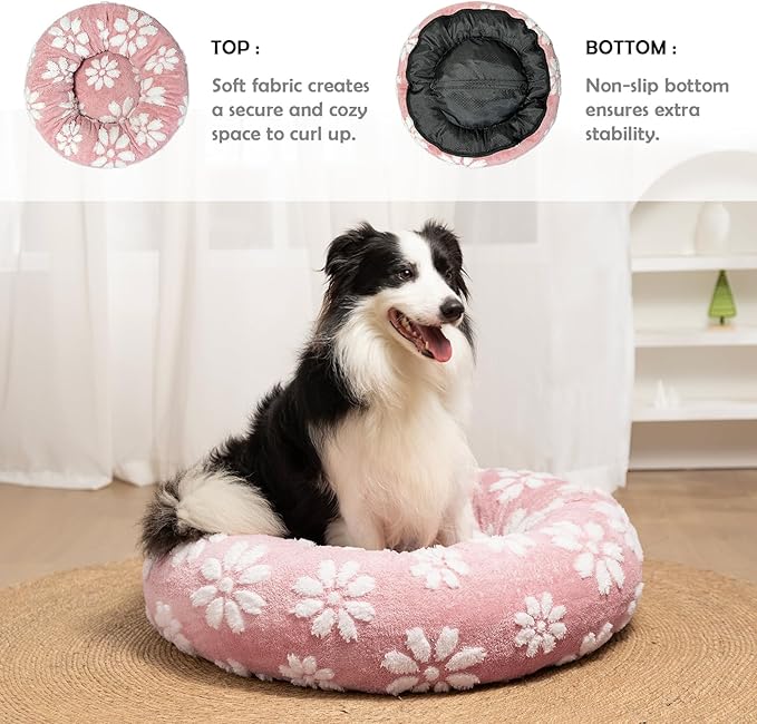 Donut Dog Beds for Medium Dogs, Calming Round Cat Beds for Indoor Cats, Cute 3D Textured Flower Pet Bed with Removable Washable Cover and Anti-Slip Bottom（Pink，30"）