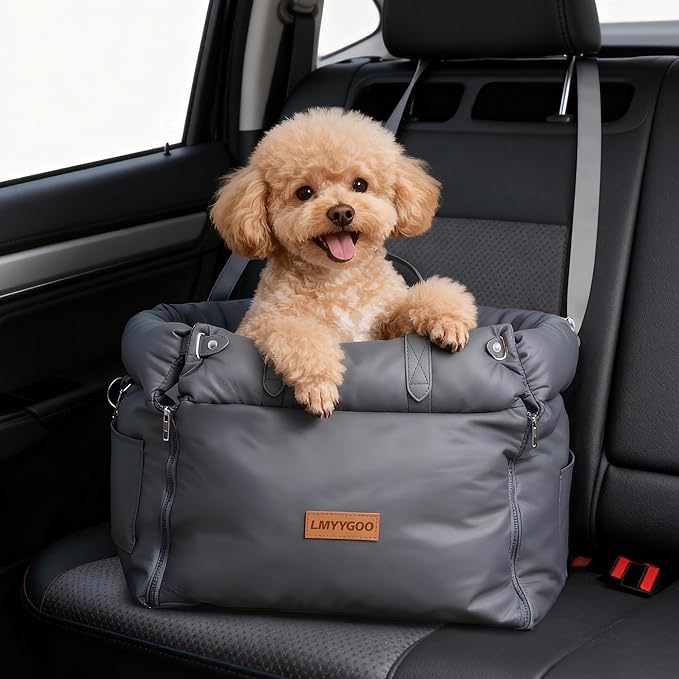 Dog Car Seat for Small & Medium Dogs, Waterproof Soft Leather Dog Car Bed with Harness Clip, Travel Bed & Carrier Bag for Pets, Fits Pets Up to 35 lbs (Navy Blue, Small & Medium)