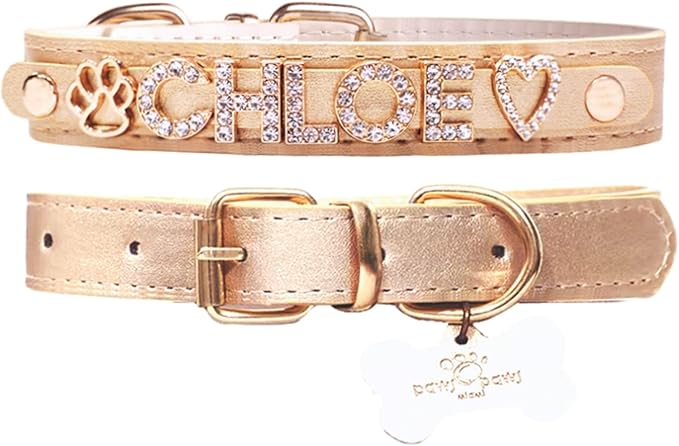 Paws Paws Miami Custom Dog Collar for Large Dogs, Personalized with Name in Gold-Plated Cubic Zirconia Initials and Charm Jewels Leather Collars, Gold
