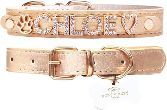 Paws Paws Miami Custom Dog Collar for Medium Dogs, Personalized with Name in Gold-Plated Cubic Zirconia Initials and Charm Jewels Leather Collars, Gold