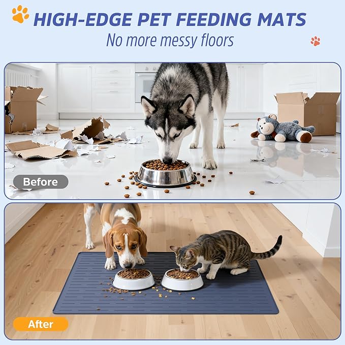 Large Dog Mats for Food and Water, 32"x24" Waterproof Pet Food Mats for Floor Nonslip Silicone Bowl Mats with Raised Edges