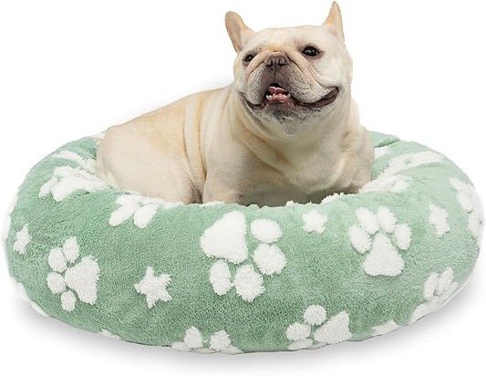 Donut Dog Beds for Small Dogs, Calming Round Cat Beds for Indoor Cats, Cute 3D Textured Paw Pet Bed with Removable Washable Cover and Anti-Slip Bottom（Green，23"）