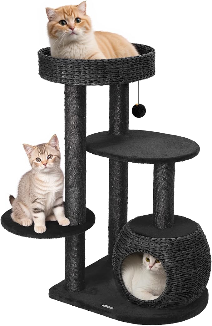 KAMABOKO Modern Cat Tree, 39" Tall Cat Tree Black for Kittens Climb Play & Rest, Cat Trees for Indoor Cats w/Natural Sisal Scratching Posts, Hand-Woven Condo & Top Perch