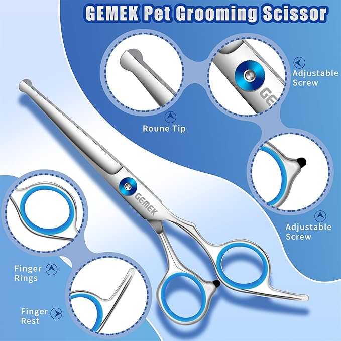 GEMEK Professional Grooming Scissors for Dogs with Safety Round Tips, Dog Grooming Scissors Set - Thinning, Straight, Curved Shears and Comb for Long Short Hair for Dog Cat Pet (Blue-5 in 1)